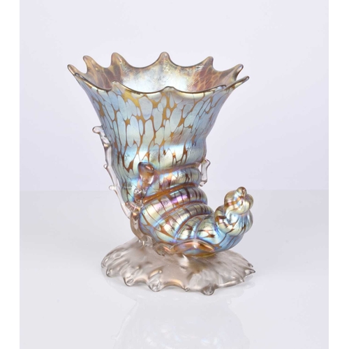 590 - A Johann Lötz (Loetz) Witwe Bohemian Art Nouveau cornucopia vase, circa 1900, iridescent glass, the ... 