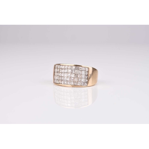 63 - A Gentlemans diamond set panel ring, the square cut diamonds channel set in yellow metal to yellow ... 