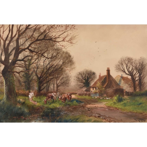 664 - Henry Charles Fox (1855/60-1929) A Farm Near Reading, showing cows and chickens grazing near Farm bu... 