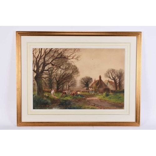 664 - Henry Charles Fox (1855/60-1929) A Farm Near Reading, showing cows and chickens grazing near Farm bu... 