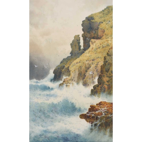 668 - Arthur Suker (1857-1940) Waves crashing against the cliffs at Lands End, signed lower left, watercol... 