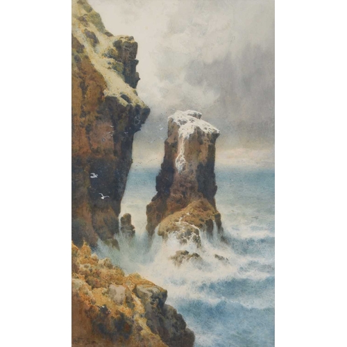 668 - Arthur Suker (1857-1940) Waves crashing against the cliffs at Lands End, signed lower left, watercol... 