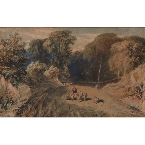 674 - Circle of David Cox (1783-1859) Shepherd Driving Sheep in a Woodland Landscape, watercolour, 14.5 x ... 