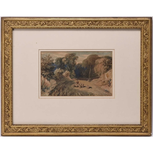 674 - Circle of David Cox (1783-1859) Shepherd Driving Sheep in a Woodland Landscape, watercolour, 14.5 x ... 