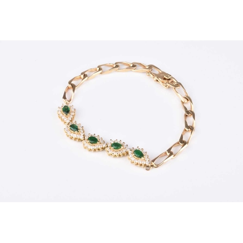 69 - A diamond and emerald bracelet, designed as five pear shaped emerald and diamond clusters claw set i... 