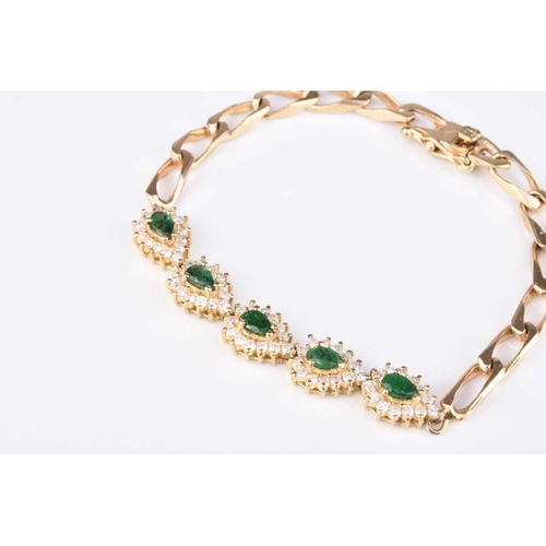 69 - A diamond and emerald bracelet, designed as five pear shaped emerald and diamond clusters claw set i... 