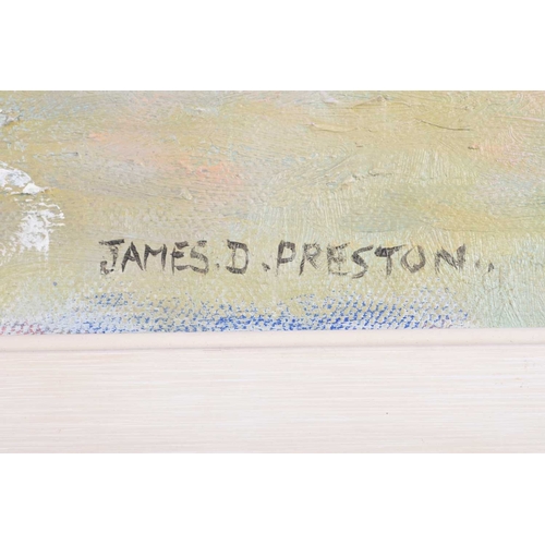 692 - James D Preston (20th Century) Coastal scene, with a family paddling in the shallows, signed lower r... 