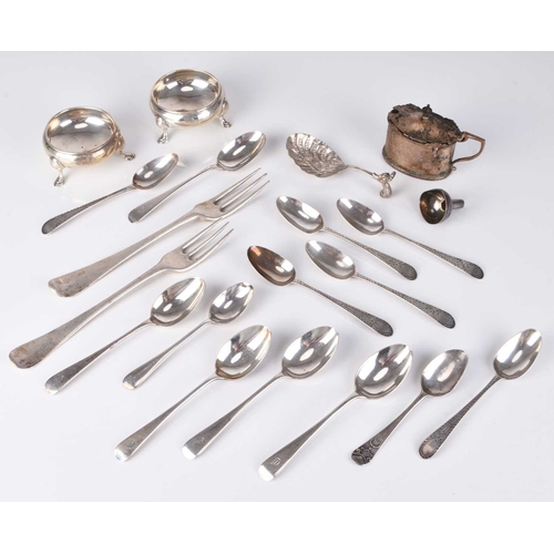 7 - A small collection of silver, comprising; two mid-18th century three prong forks, marks rubbed, a se... 