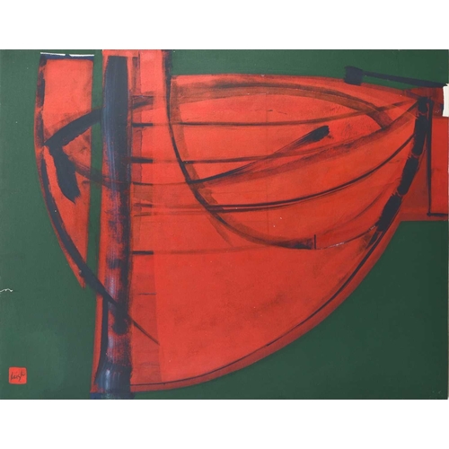 722 - Leigh Davis (b.1976) Red Boat, abstract, signed lower left, oil on canvas, 93 x 119 cm, together wit... 