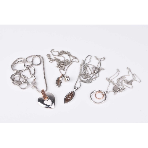 85 - Four Clogau silver pendants on chains, comprising; an oak leaf and acorn pendant, two graduated hoop... 