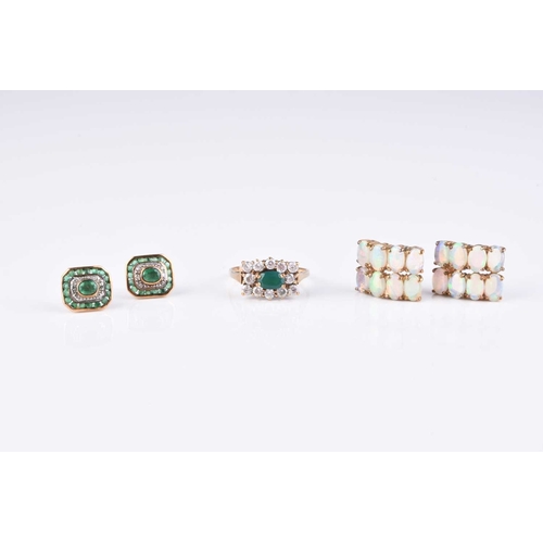 92 - A pair of 9ct gold emerald and diamond stud earrings, together with a pair of 9ct gold opal earrings... 