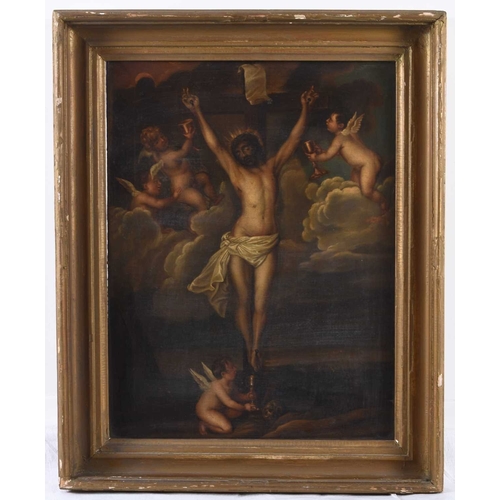 14 - After Anthony Van Dyk (1599-1641) Crucifxion of Christ, with cherubs collection his blood, oil on ca... 