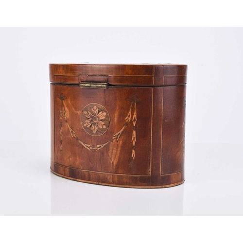 50 - A Regency inlaid walnut tea caddy Of oval form, inlaid with marquetry trophies, swags and patera. 14... 