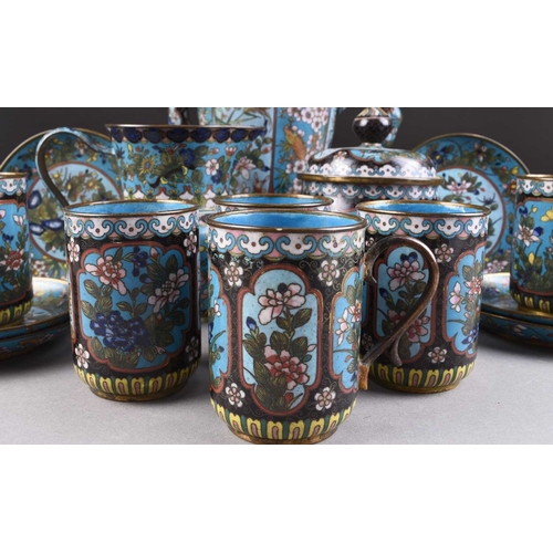 52 - A Chinese cloisonne tea service, 19th century Worked with shaped panels of auspicious flowers and fo... 