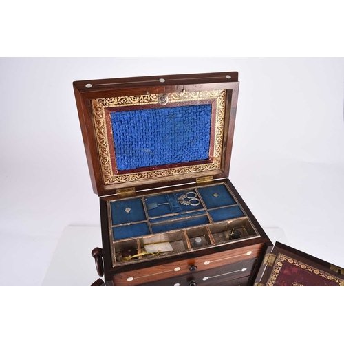 58 - A Victorian inlaid rosewood sewing box Of sarcophagus form with twin ring 'handles', inlaid with mot... 