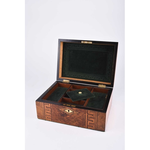 59 - A Victorian Tunbridge ware walnut sewing box With two bands of 'Greek key' parquetry inlay, the inte... 