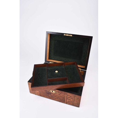 59 - A Victorian Tunbridge ware walnut sewing box With two bands of 'Greek key' parquetry inlay, the inte... 