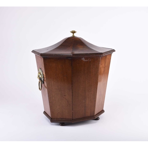 62 - A 19th century mahogany 'pagoda' coal bin and cover Of octagonal tapering form, with brass lion head... 