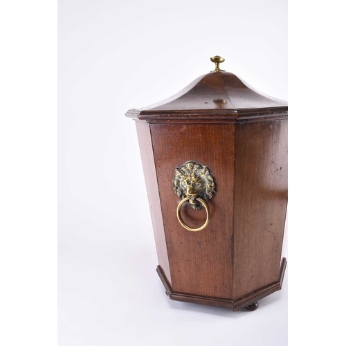 62 - A 19th century mahogany 'pagoda' coal bin and cover Of octagonal tapering form, with brass lion head... 