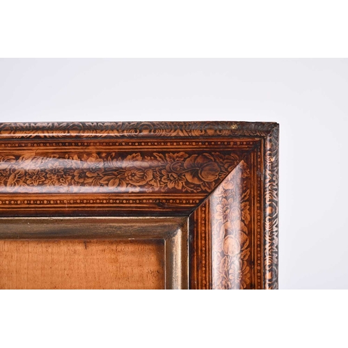 63 - A late 19th century pyrograph of game birds Within an ogee frame with pyrographic flowers and foliag... 