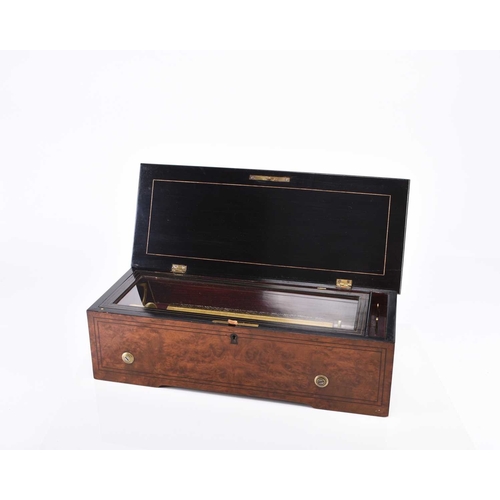 64 - A walnut cased music box, late 19th century The case with ebony stringing, the unsigned movement pla... 