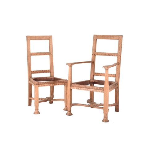 72 - Ten oak Renaissance revival style dining chairs plus one carver, for restoration With padded back, t... 