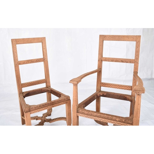 72 - Ten oak Renaissance revival style dining chairs plus one carver, for restoration With padded back, t... 