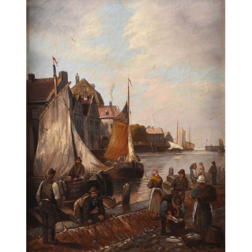 8 - Kirk van Hoom (Dutch 19th-20th Century) A Pair of Dutch Harbour Scenes, showing fishing boats unload... 