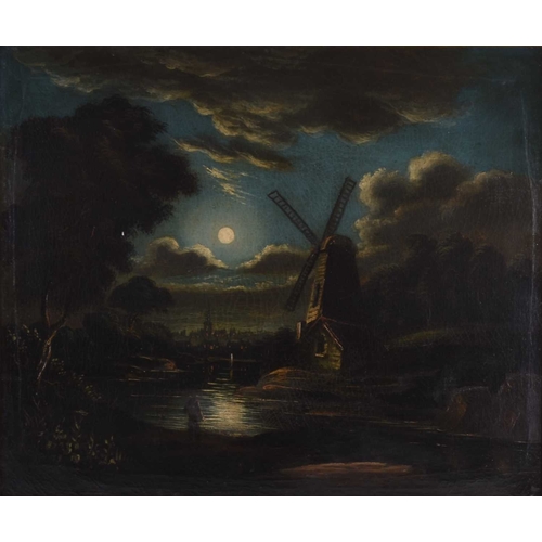 121 - British School (19th-early 20th Century) Moonlit river scene with a windmill, oil on canvas, 51 x 61... 