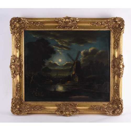 121 - British School (19th-early 20th Century) Moonlit river scene with a windmill, oil on canvas, 51 x 61... 