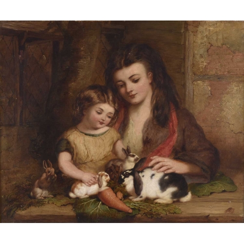 132 - John Frederick Pasmore (1820-1881) Feeding the Rabbits, signed lower right, oil on canvas, 50 x 60 c... 