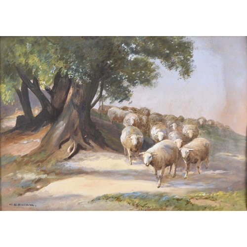 139 - Cuthbert Edmund Swan (1870-1931) Hampstead Heath, A flock of sheep running down a country track bene... 