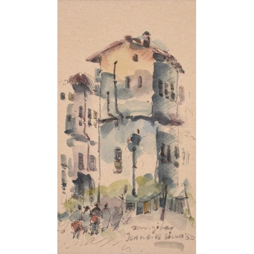 140 - John Baptist da Silva (1937-2013) Three Zanzibar Architectural Watercolours, signed with annotations... 