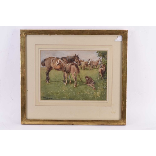 161 - John Atkinson (1863-1924) Horse Market, signed lower left, watercolour, 22 x 29.5 cm, frame 44 x 49 ... 