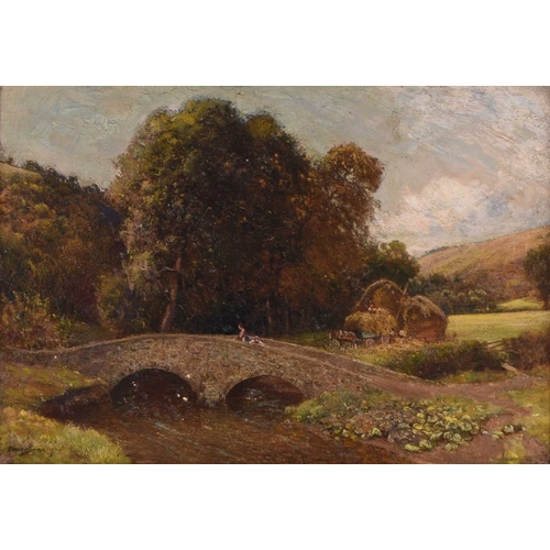 169 - Claude Strachan (1865-c.1938) Dunster Pack Bridge, showing a woman and child crossing the bridge, wi... 