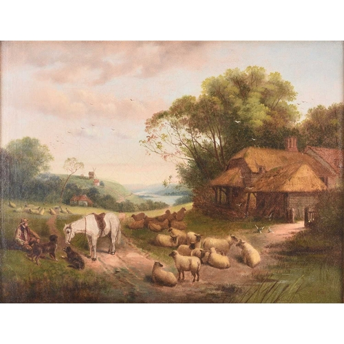 185 - Attributed to George Cole (1810-1883) Shepherd Resting with his Grazing Flock in a rural landscpe, a... 