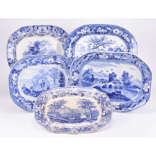 28 - A group of English blue and white earthenware meat plates, 19th century, comprising a 'Fisherman wit... 