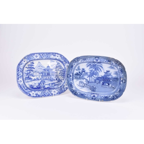 28 - A group of English blue and white earthenware meat plates, 19th century, comprising a 'Fisherman wit... 