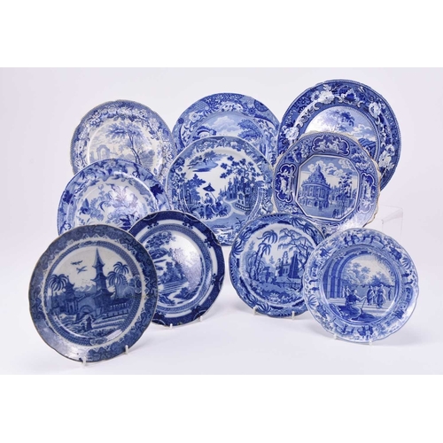 30 - A collection of English blue and white earthenware plates, early 19th century onwards, comprising a ... 