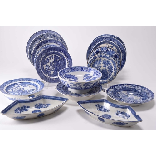 31 - An assorted collection of English blue and white pottery, early 19th century onwards, including two ... 