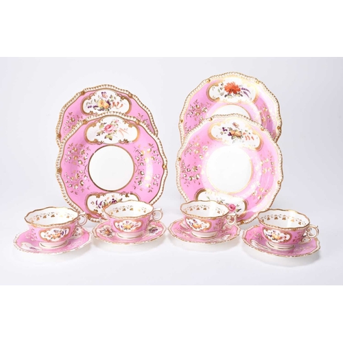 34 - H&R Daniel - A set of four teacups and saucers with four matching dessert plates, circa 1824, patter... 