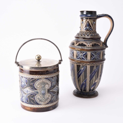 39 - A Doulton Lambeth jug designed by Frank Butler, dated 1876, incised artist monogram and impressed fa... 