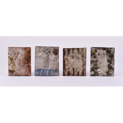 59 - Stanislas Reychan (1897-1994), four studio pottery tile plaques, circa 1980-85, potted in London, in... 