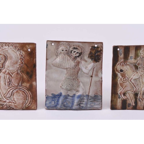 59 - Stanislas Reychan (1897-1994), four studio pottery tile plaques, circa 1980-85, potted in London, in... 