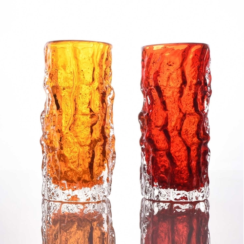 9 - Two Whitefriars textured bark glass vases designed by Geoffrey Baxter, circa 1960s, tangerine and ru... 