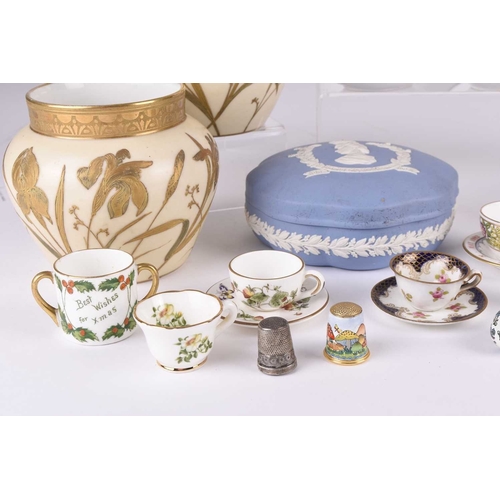 96 - A mixed lot of ceramics to include a pair of Limoges blush ivory vases, three Royal Crown Derby imar... 