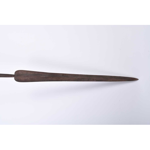 6 - A Maasai lion spear, Kenya, late 19th century, in iron and wood, with long central leaf-shaped blade... 