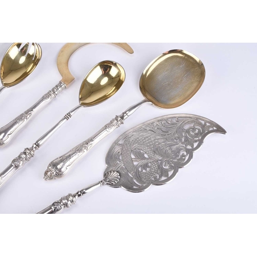 113 - A Russian silver serving set, comprising; a salad spoon and fork, two large forks/paddles, a fish kn... 