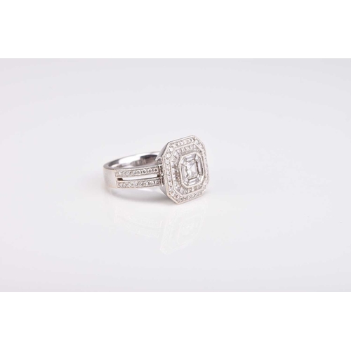 164 - An Art Deco style diamond set cluster ring, designed as a central Asscher cut diamond within a surro... 