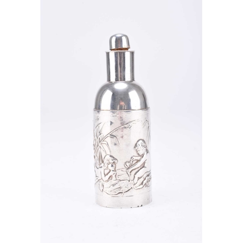 17 - An Edwardian silver mounted scent bottle by William Comyns, London 1902, of cylindrical form with em... 